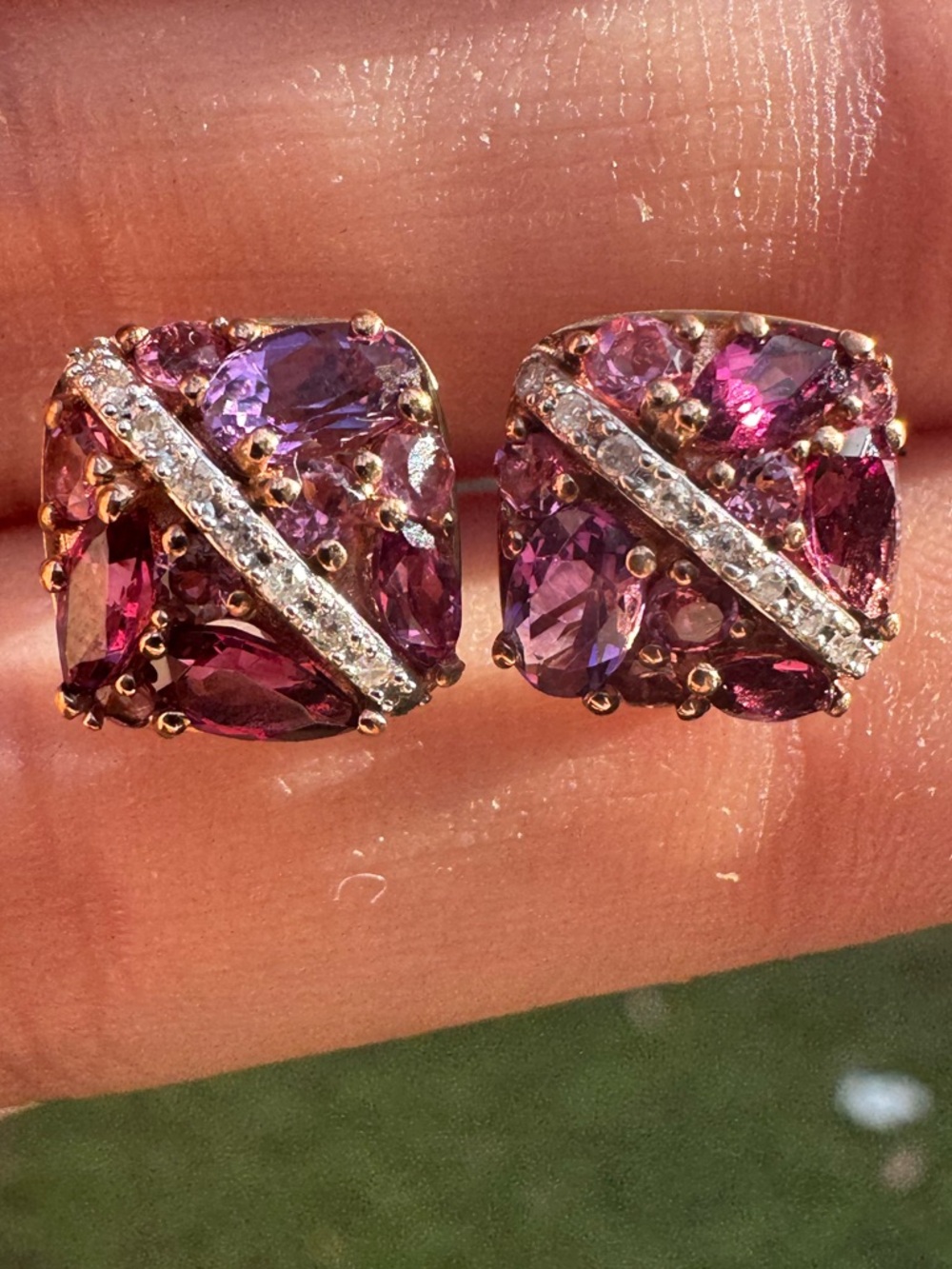 Estate Pink and Purple Gemstone Cluster Studs with Diagonal Diamond Accent